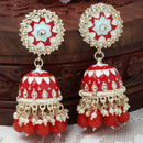 Gold-Plated Red Kundan & White Pearls studded Dome Shaped Handcrafted Jhumka Earrings