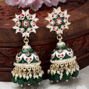 Gold-Plated Green & White Kundan-Pearls studded Crescent Shaped Hand Painted Jhumka Earrings