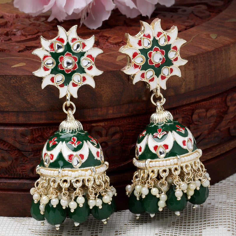 Gold-Plated Green & White Kundan-Pearls studded Crescent Shaped Hand Painted Jhumka Earrings
