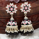 Gold-Plated Black & White Kundan-Pearls studded Crescent Shaped Hand Painted Jhumka Earrings