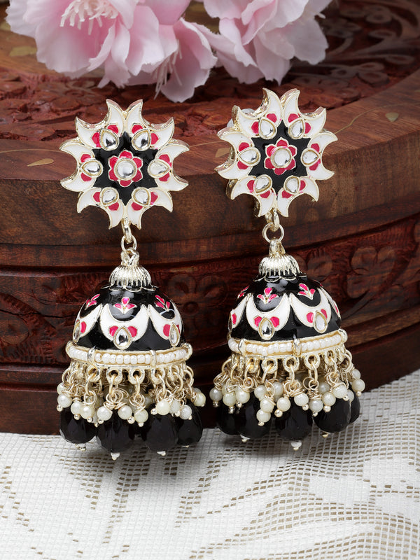 Gold-Plated Black & White Kundan-Pearls studded Crescent Shaped Hand Painted Jhumka Earrings