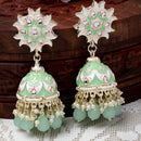 Gold-Plated Sea Green & White Kundan-Pearls studded Crescent Shaped Hand Painted Jhumka Earrings