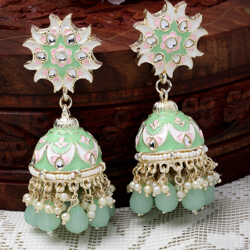 Gold-Plated Sea Green & White Kundan-Pearls studded Crescent Shaped Hand Painted Jhumka Earrings