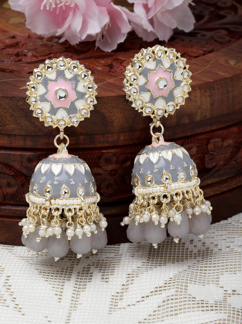 Gold-Plated Grey Kundan & White Pearls studded Dome Shaped Handcrafted Jhumka Earrings