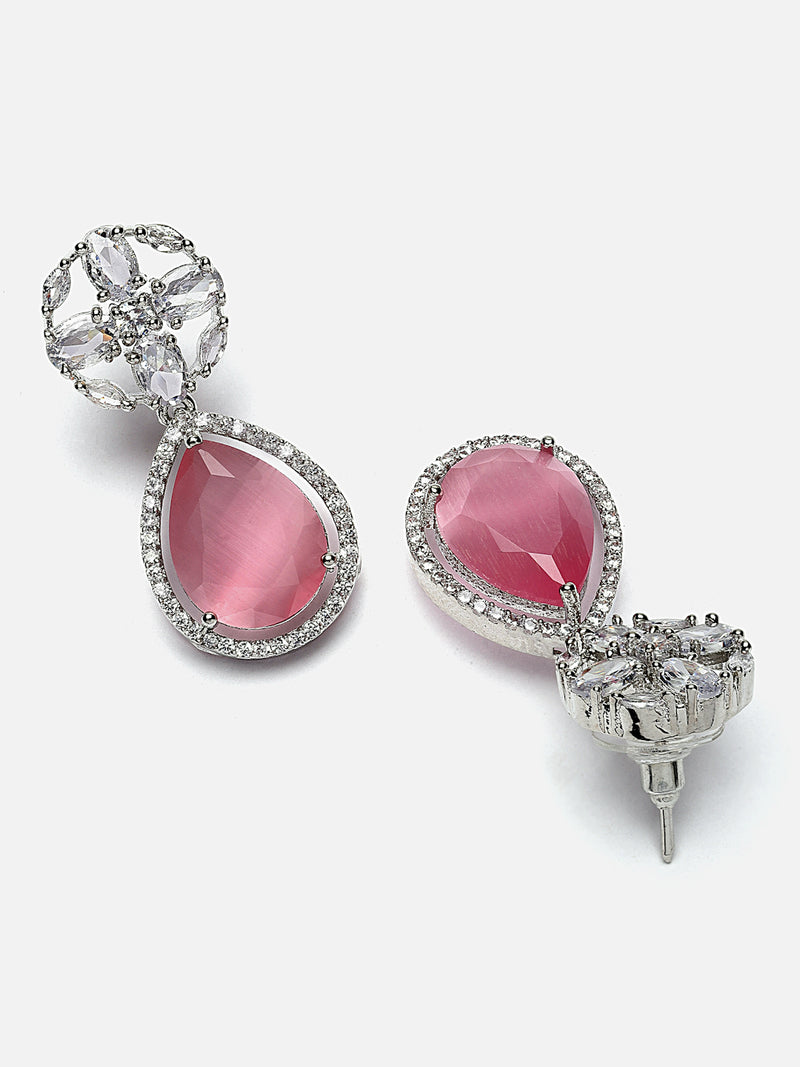 Rhodium-Plated Pink & White American Diamond studded Teardrop & Floral Shaped Drop Earrings