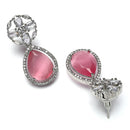 Rhodium Plated Teardrop Pink American Diamond Contemporary Drop Earrings