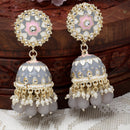 Gold-Plated Grey Kundan & White Pearls studded Dome Shaped Handcrafted Jhumka Earrings
