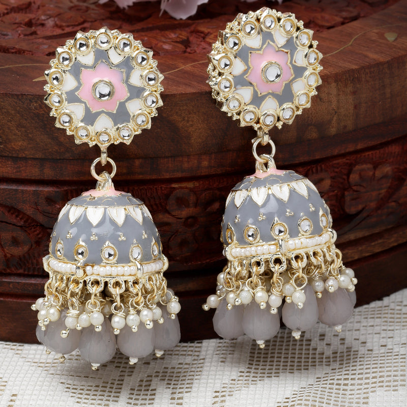 Gold-Plated Grey Kundan & White Pearls studded Dome Shaped Handcrafted Jhumka Earrings