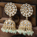Gold-Plated Sea Green Kundan & White Pearls studded Flower Shaped Vilandi Jhumka Earrings