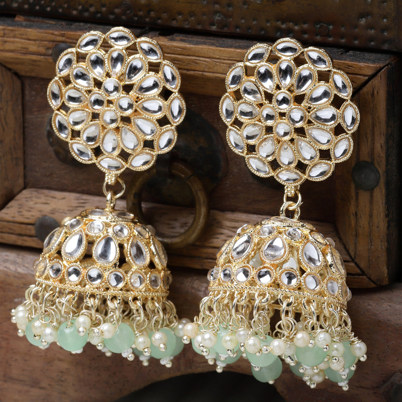 Gold-Plated Sea Green Kundan & White Pearls studded Flower Shaped Vilandi Jhumka Earrings