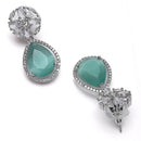 Rhodium Plated Teardrop Sea Green American Diamond Contemporary Drop Earrings