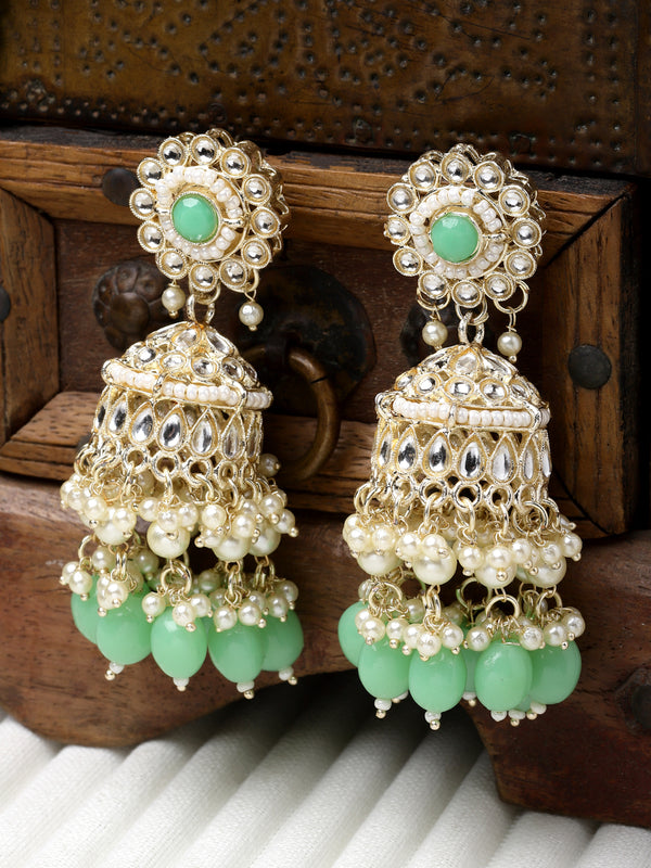 Gold-Plated Sea Green Kundan & White Pearls studded Dome Shaped Vilandi Jhumka Earrings