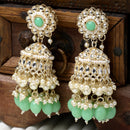 Gold-Plated Sea Green Kundan & White Pearls studded Dome Shaped Vilandi Jhumka Earrings