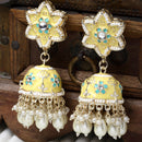 Gold-Plated Yellow & White Kundan-Pearls studded Star Shaped Enamelled Jhumka Earrings