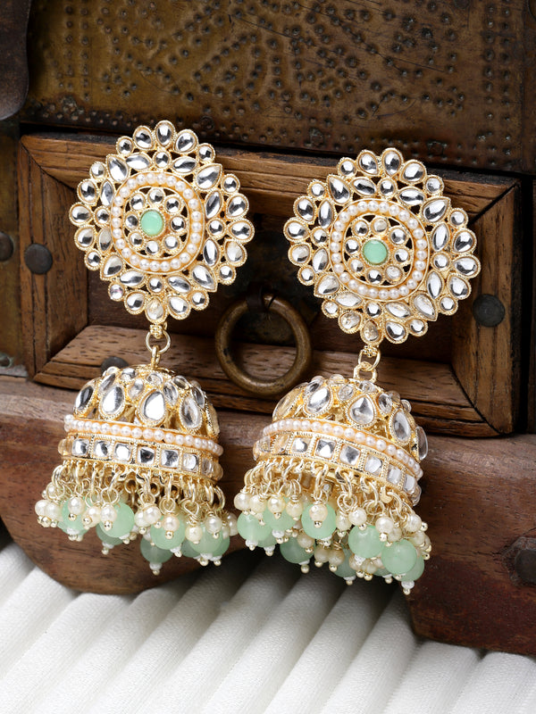 Gold-Plated Sea Green & White Kundan-Pearls studded Vilandi Jhumka Earrings