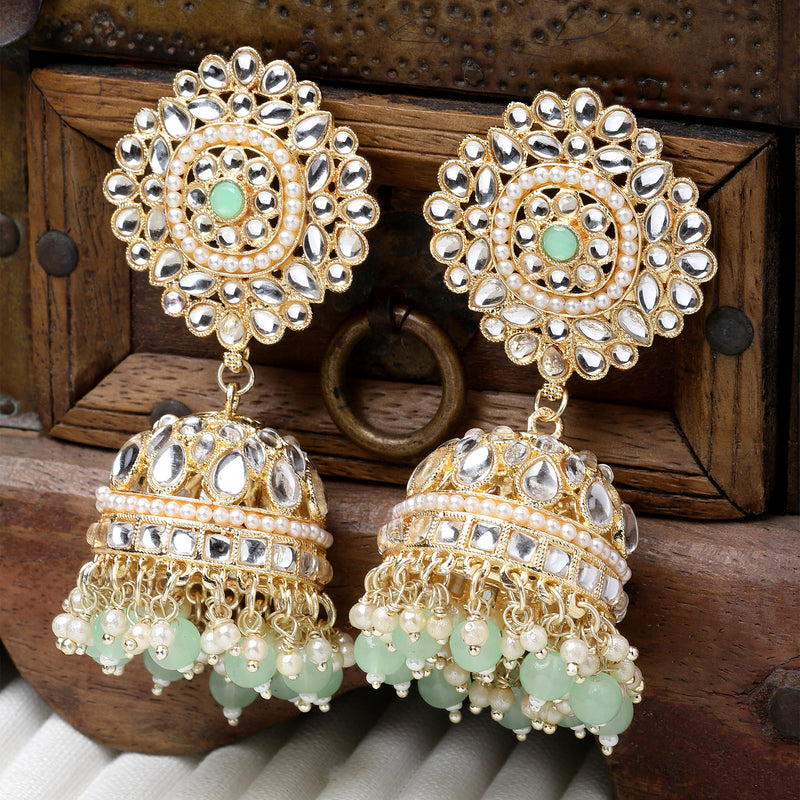 Gold-Plated Sea Green & White Kundan-Pearls studded Vilandi Jhumka Earrings
