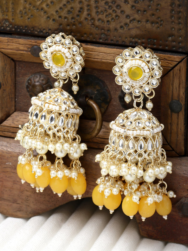 Gold-Plated Yellow Kundan & White Pearls studded Dome Shaped Vilandi Jhumka Earrings