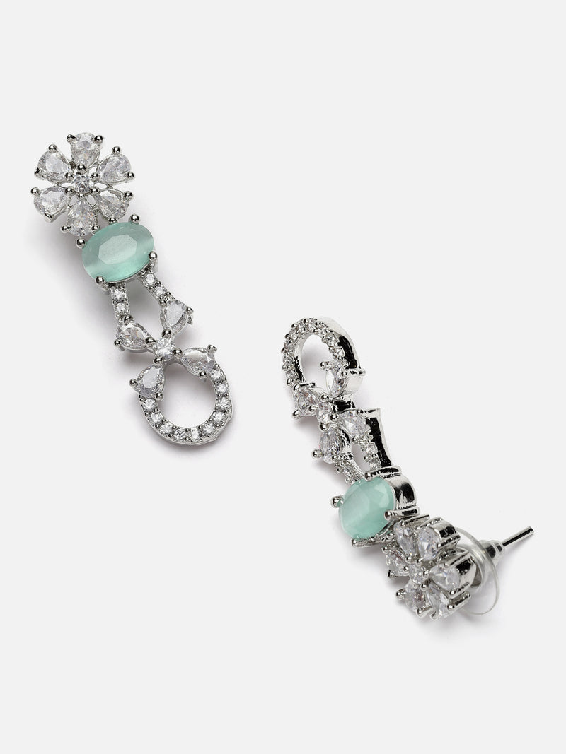 Rhodium-Plated Sea Green American Diamond studded Floral Shaped Drop Earrings