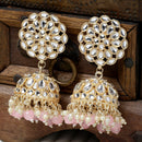 Gold-Plated Peach Kundan & White Pearls studded Flower Shaped Vilandi Jhumka Earrings
