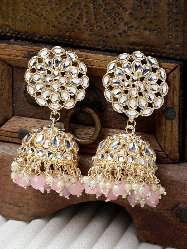 Gold-Plated Peach Kundan & White Pearls studded Flower Shaped Vilandi Jhumka Earrings