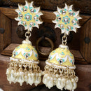 Gold-Plated White Kundan-Pearls studded Crescent Shaped Hand Painted Jhumka Earrings