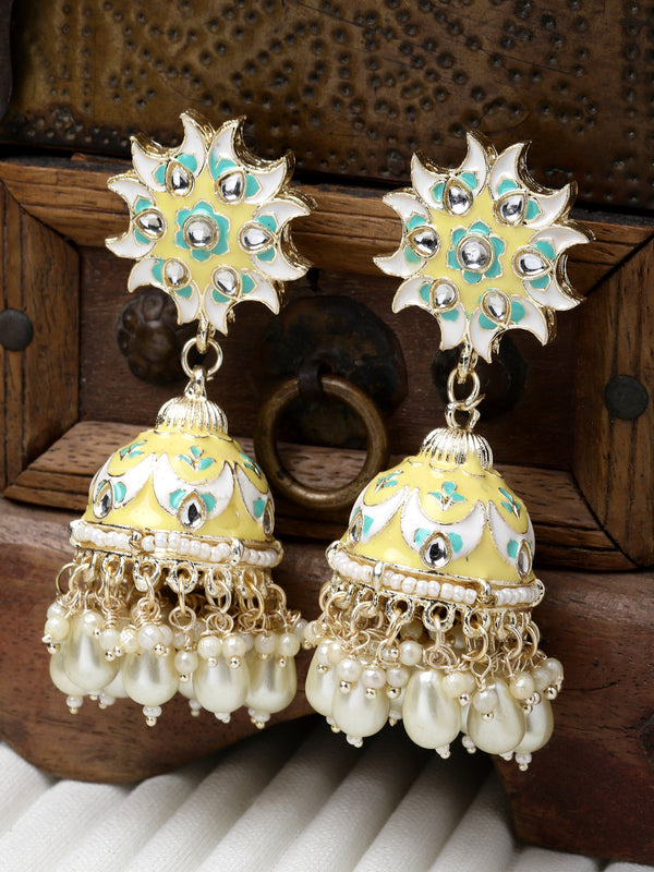 Gold-Plated White Kundan-Pearls studded Crescent Shaped Hand Painted Jhumka Earrings