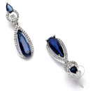 Rhodium Plated Teardrop Blue AD Studded Contemporary Drop Earrings
