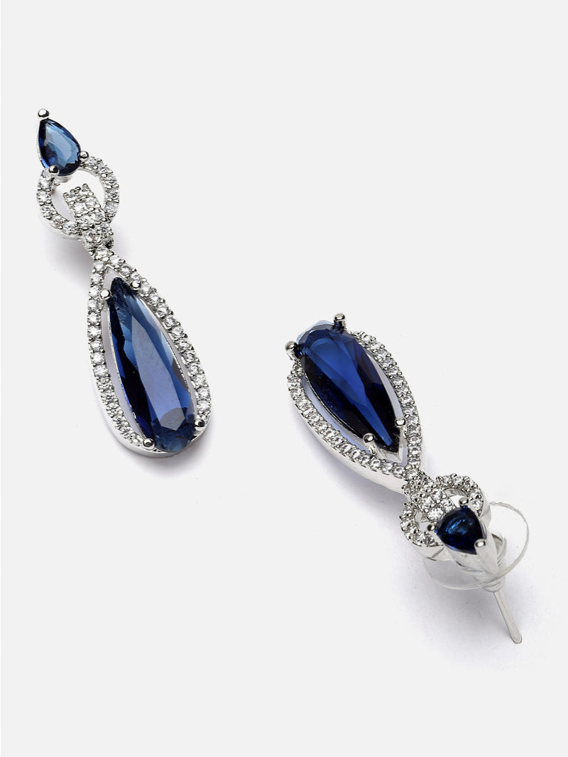 Rhodium-Plated Navy Blue American Diamond studded Handcrafted Long Teardrop Shaped Drop Earrings