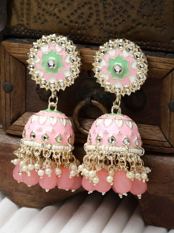 Gold-Plated Pink Kundan & White Pearls studded Dome Shaped Handcrafted Jhumka Earrings
