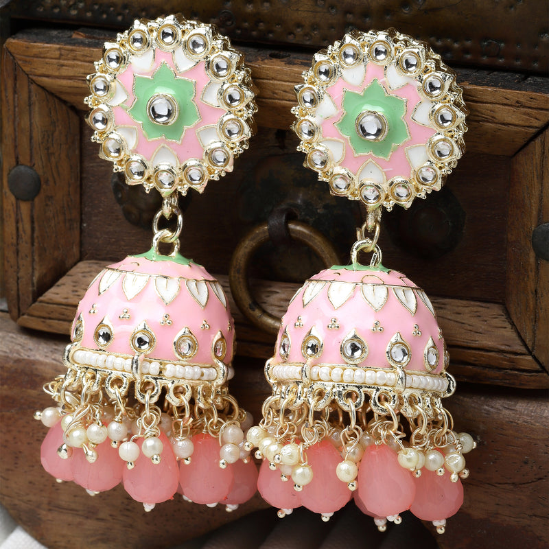 Gold-Plated Pink Kundan & White Pearls studded Dome Shaped Handcrafted Jhumka Earrings