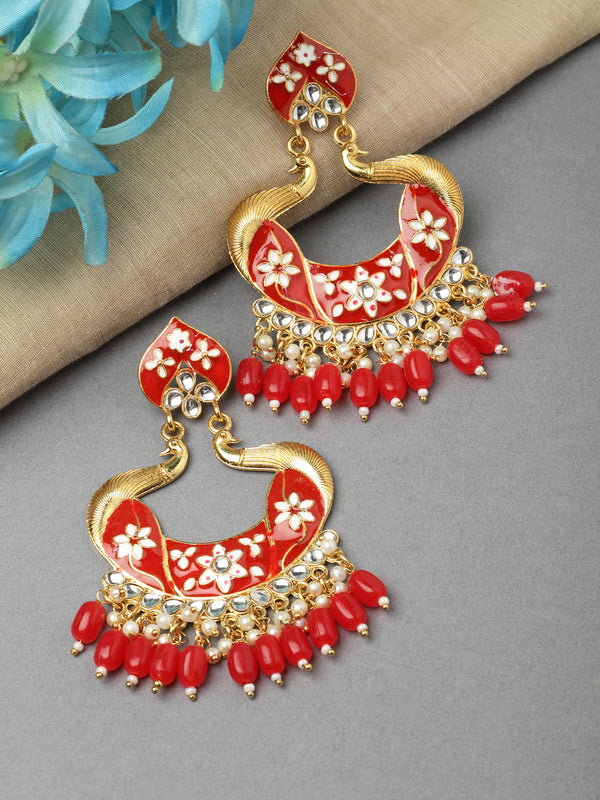 Gold-Plated Red Kundan & White Pearls studded Peacock Shaped Handcrafted Drop Earrings