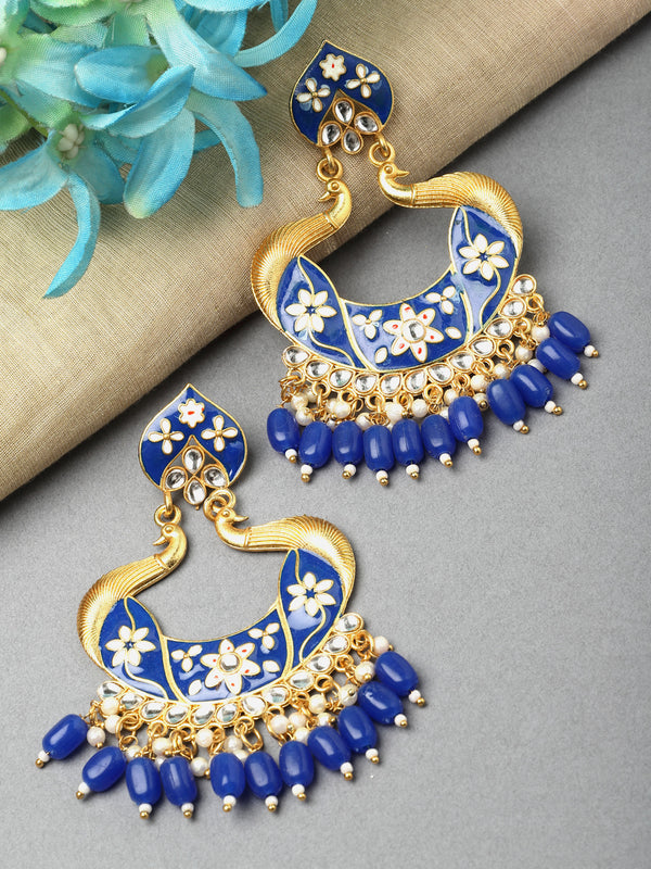 Gold-Plated Navy Blue Kundan & White Pearls studded Peacock Shaped Handcrafted Drop Earrings