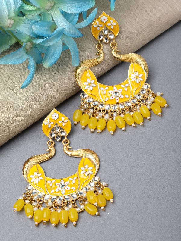 Gold-Plated Yellow Kundan & White Pearls studded Peacock Shaped Handcrafted Drop Earrings