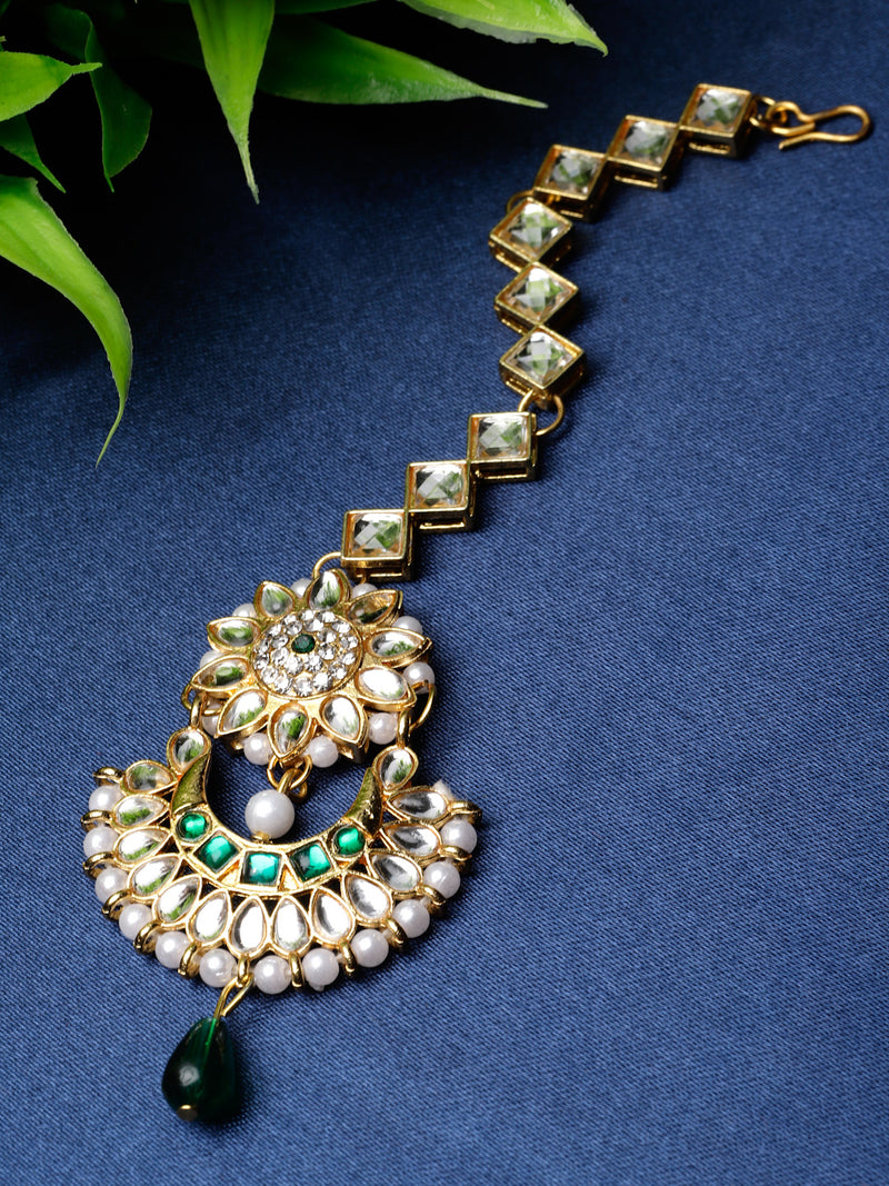 Gold-Plated White & Green Kundan studded Crescent Shaped Maang Tikka