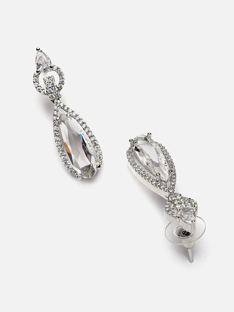 Rhodium-Plated White American Diamond studded Handcrafted Long Teardrop Shaped Drop Earrings