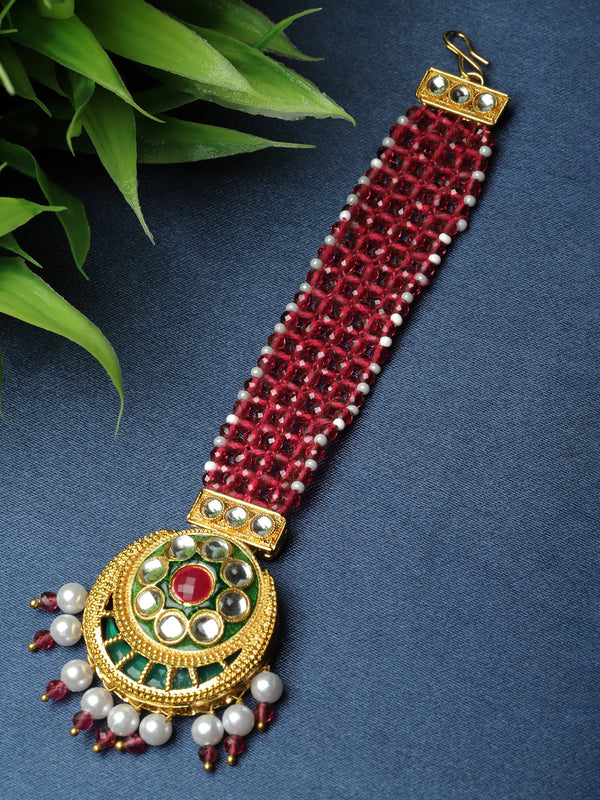 Gold-Plated Multi-Colour Stones & Beads studded-beaded Meenakari Crescent Shaped Maang Tikka