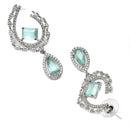 Rhodium Plated Quirky Sea Green American Diamond Contemporary Long Drop Earrings