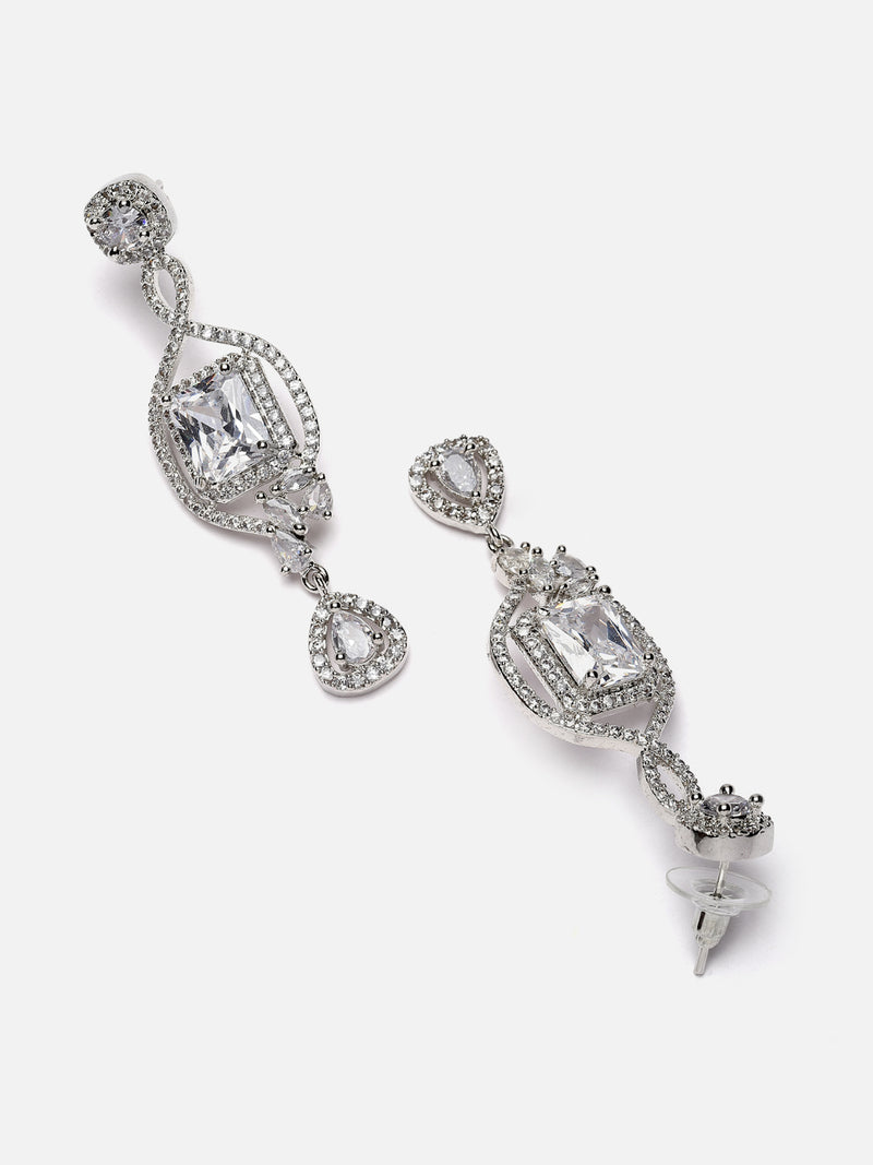 Rhodium-Plated White American Diamond studded Square Shaped Handcrafted Drop Earrings