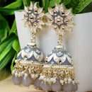 Gold-Plated Grey & White Kundan-Pearls studded Crescent Shaped Hand Painted Jhumka Earrings