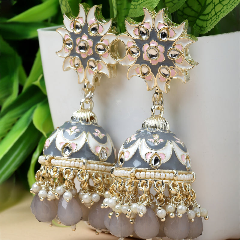 Gold-Plated Grey & White Kundan-Pearls studded Crescent Shaped Hand Painted Jhumka Earrings