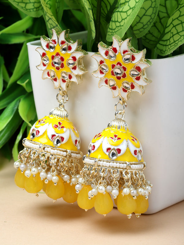 Gold-Plated Yellow & White Kundan-Pearls studded Crescent Shaped Hand Painted Jhumka Earrings