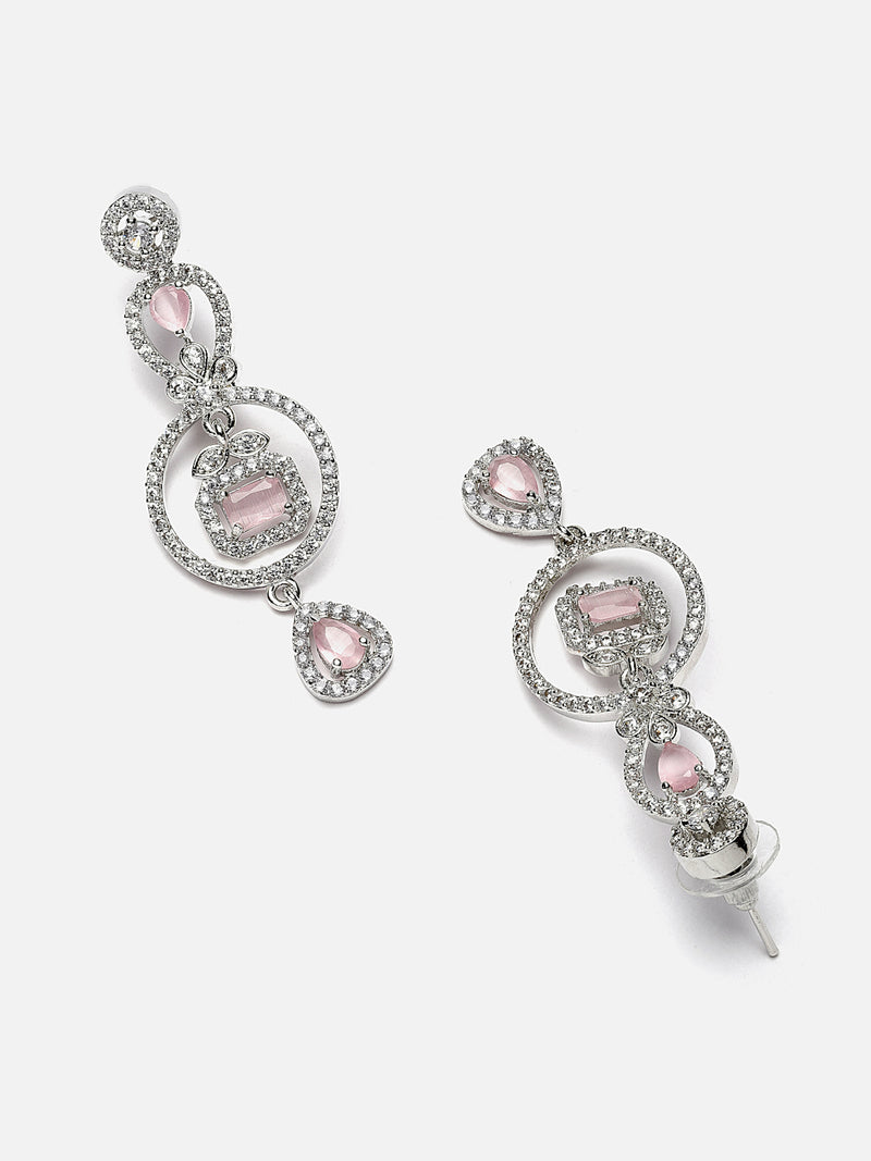 Rhodium-Plated Pink American Diamond studded Circular Shaped Drop Earrings