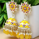 Gold-Plated Yellow & White Kundan-Pearls studded Crescent Shaped Hand Painted Jhumka Earrings