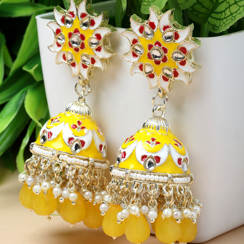 Gold-Plated Yellow & White Kundan-Pearls studded Crescent Shaped Hand Painted Jhumka Earrings