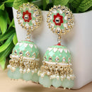 Gold-Plated Sea Green Kundan & White Pearls studded Dome Shaped Handcrafted Jhumka Earrings