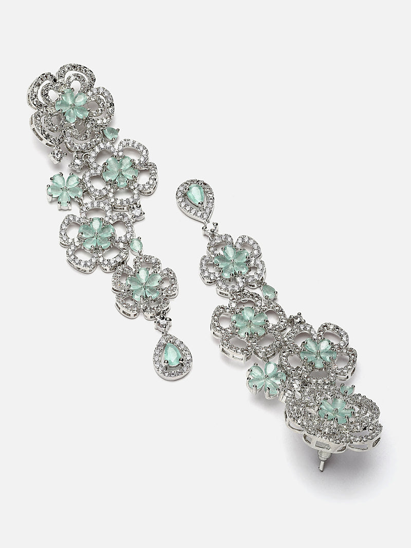 Rhodium-Plated Sea Green & White American Diamond studded Floral Chandelier Drop Earrings