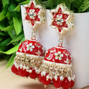 Gold-Plated Red & White Kundan-Pearls studded Star Shaped Enamelled Jhumka Earrings