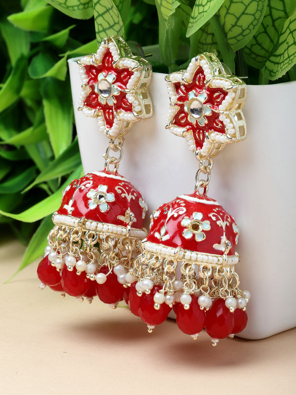 Gold-Plated Red & White Kundan-Pearls studded Star Shaped Enamelled Jhumka Earrings