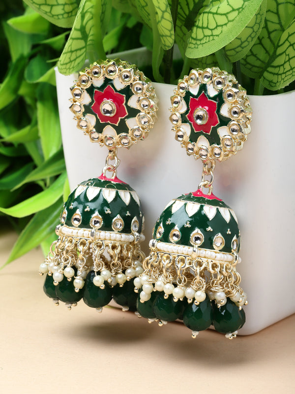 Gold-Plated Green Kundan & White Pearls studded Dome Shaped Handcrafted Jhumka Earrings
