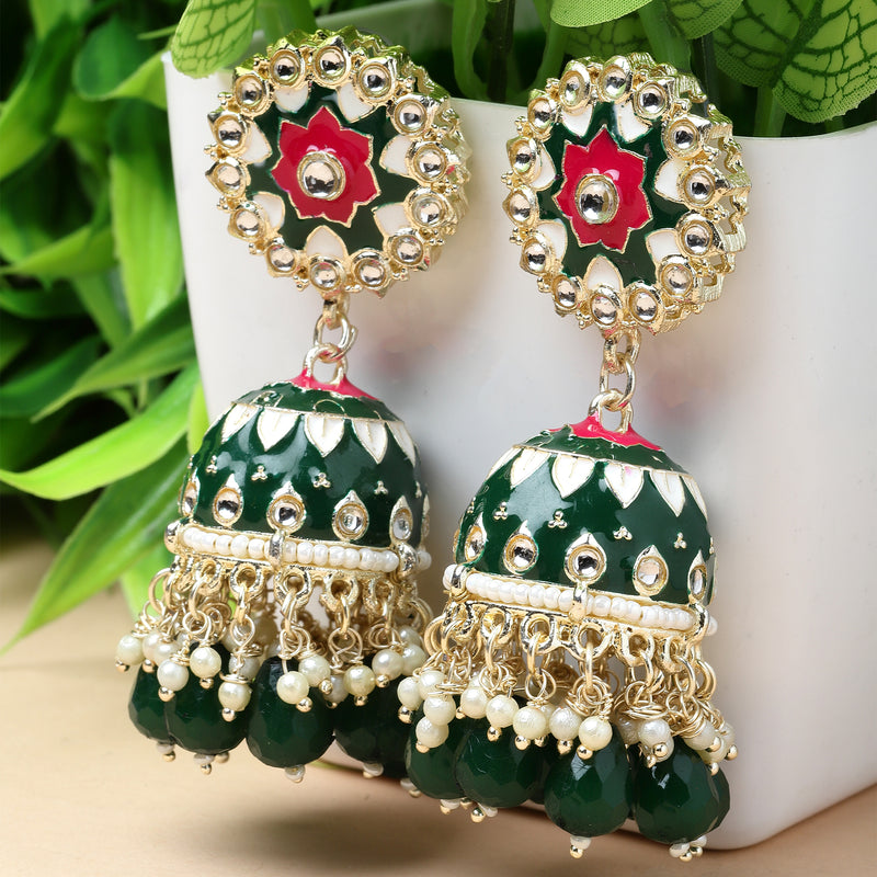 Gold-Plated Green Kundan & White Pearls studded Dome Shaped Handcrafted Jhumka Earrings